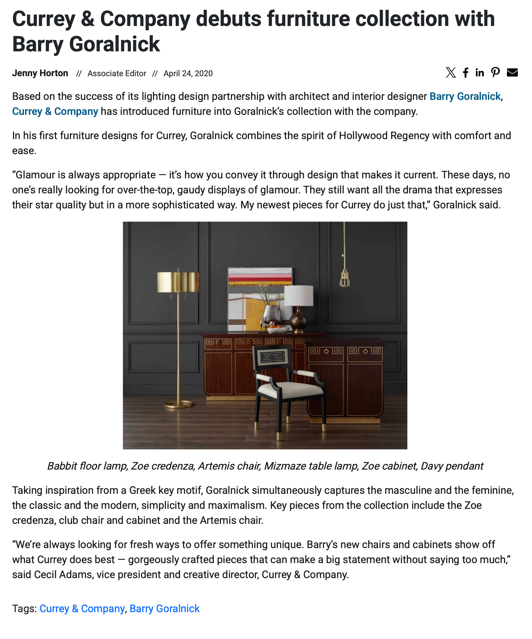 Home Accents Today features Goralnick furniture for Currey