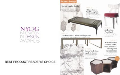 The NYC&G Innovation in Design Awards honors Barry Goralnick’s Cate Nesting Tables with its “Readers Choice Award.” 